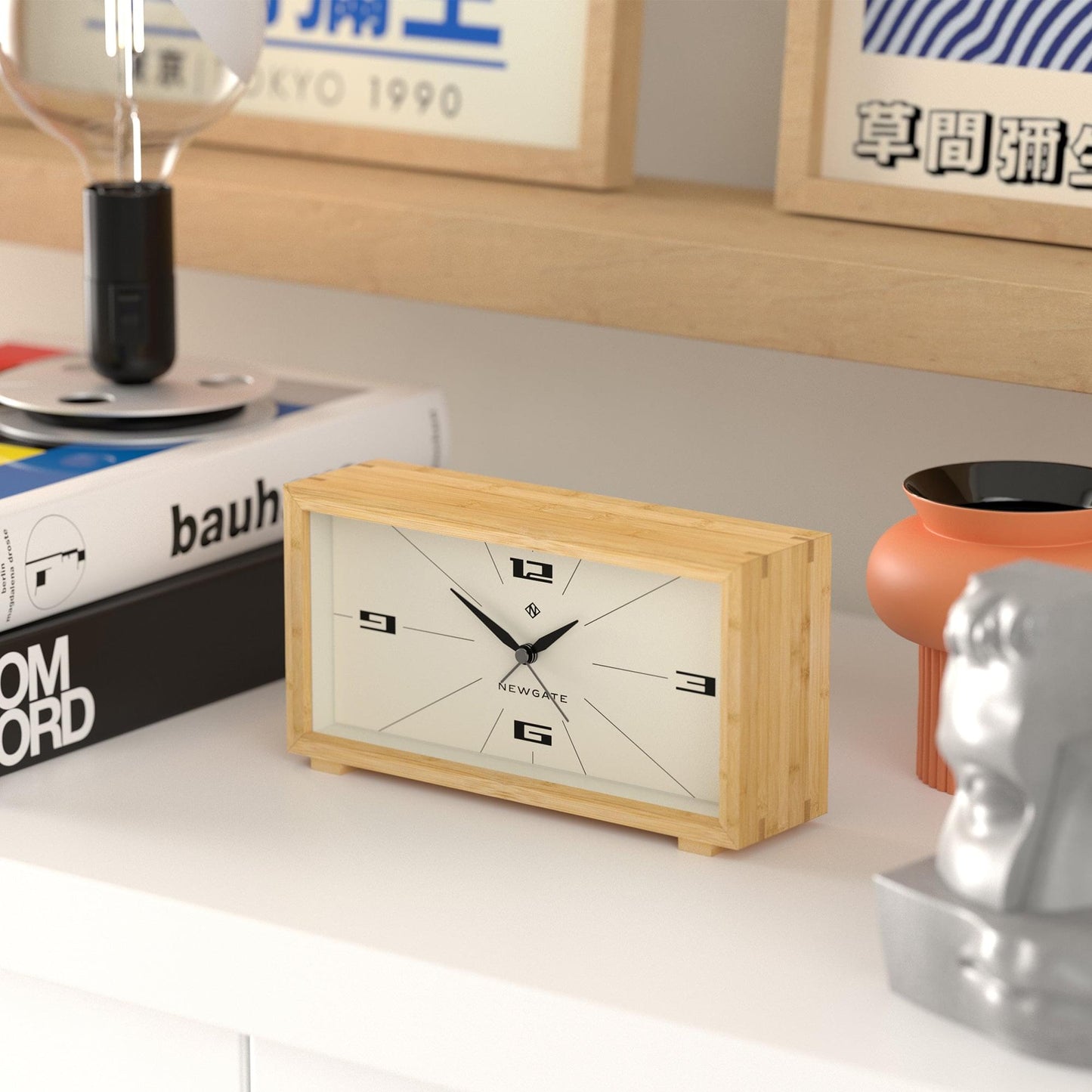 Small Newgate alarm clock on wooden base, cream retro dial with black hands and hour marks
