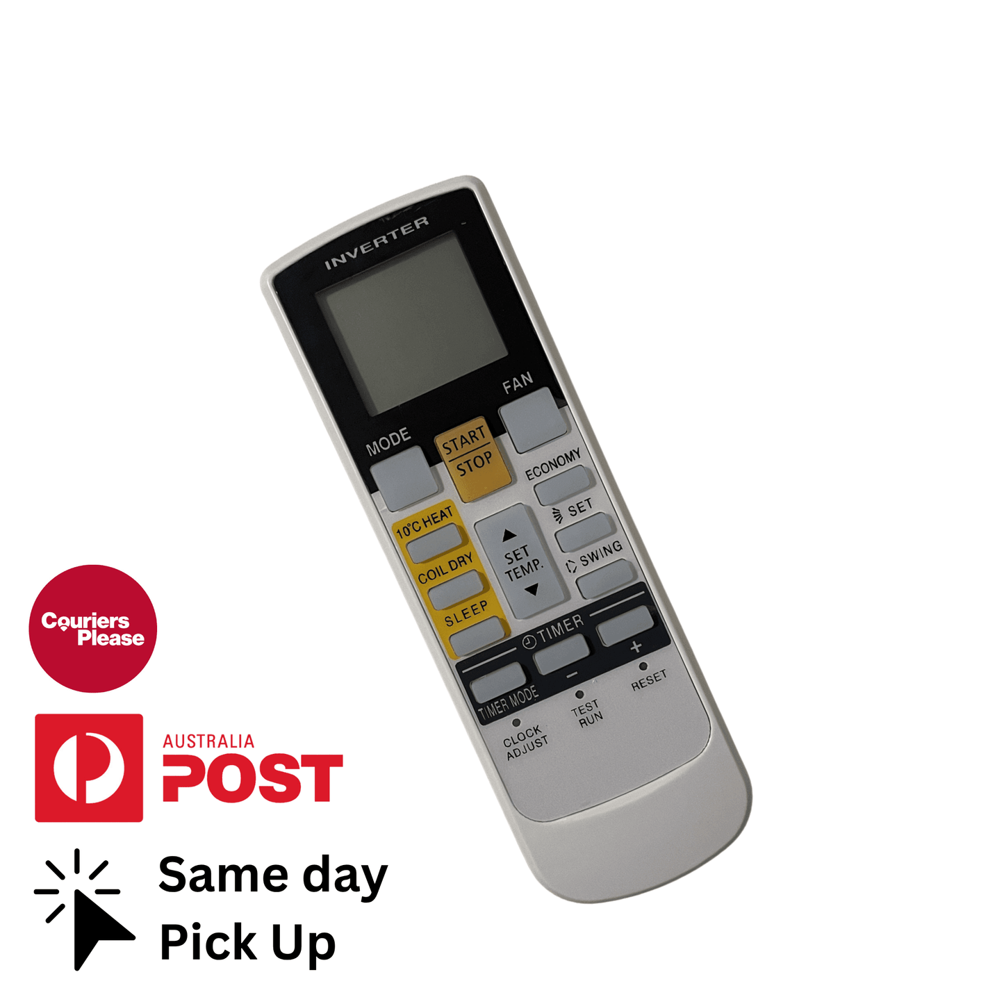 Gray air conditioner remote with LCD screen and labeled control buttons