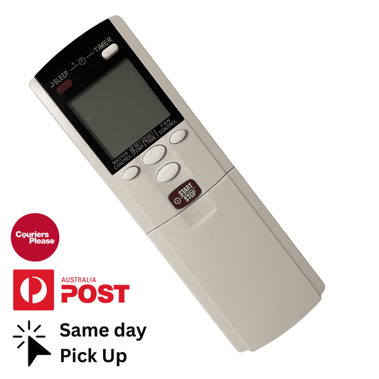 Off-white air conditioner remote control with LCD display and front button panel