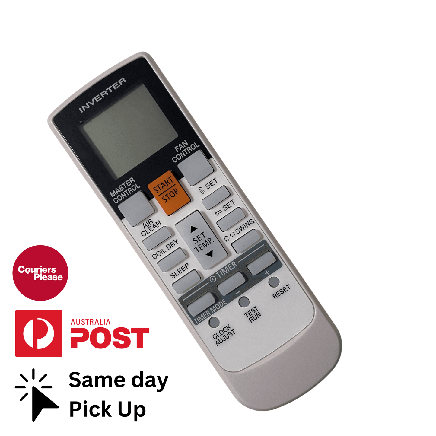 Gray air conditioner remote with LCD screen and labeled buttons