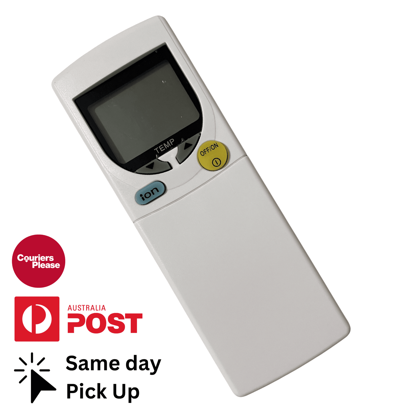Air conditioner remote control, white with LCD display and labeled control buttons