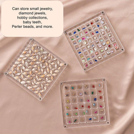 Clear acrylic grid display cases with colored bead inserts and hanging eyelets