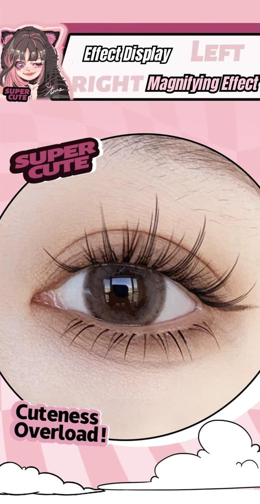 False eyelashes worn: long curled lashes on one eye for a natural look