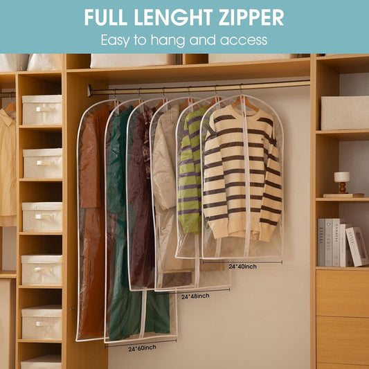Hanging clear garment bags with full-length zipper; coats and shirts visible inside
