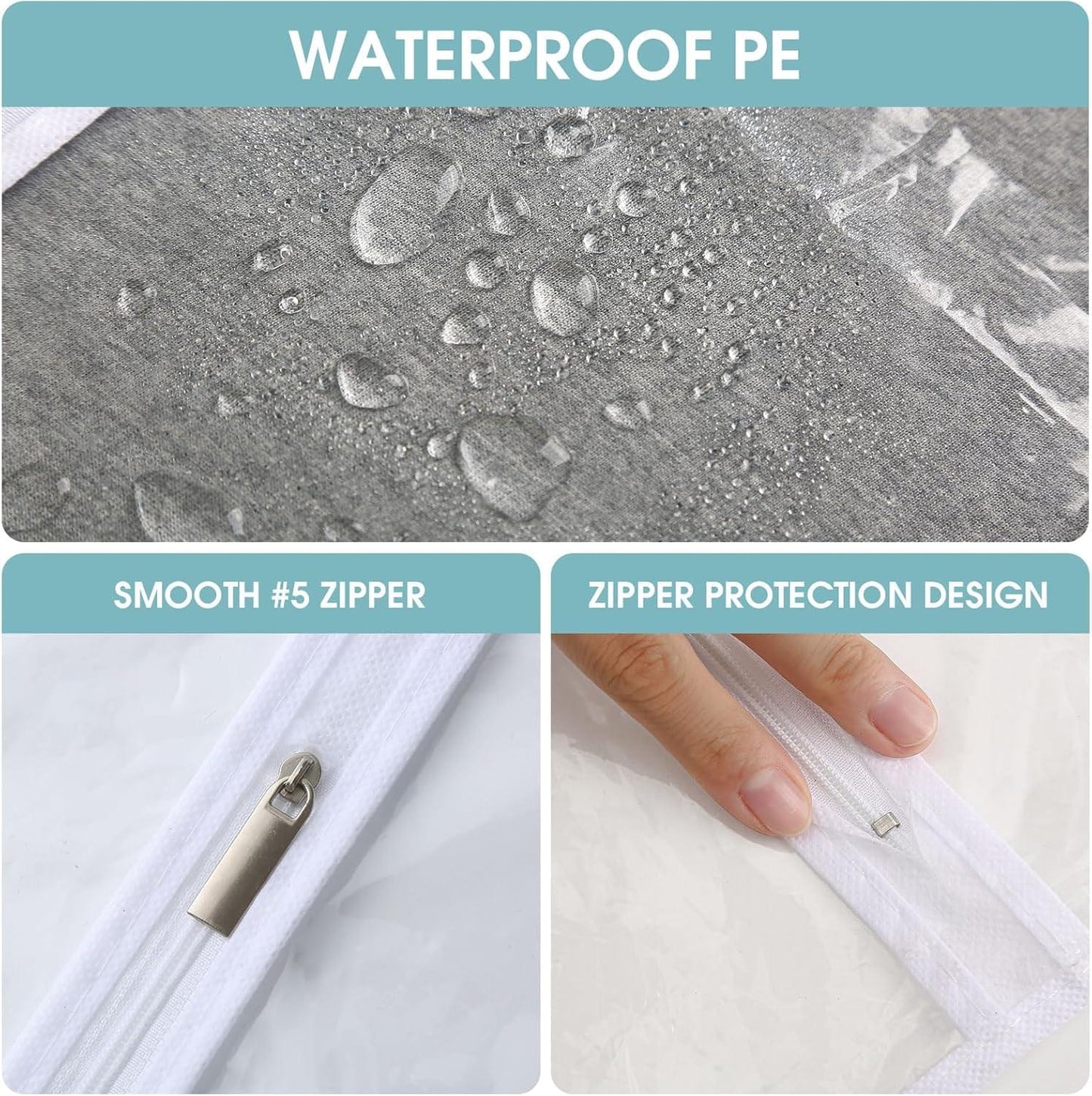 Clear PE fabric garment bag close-up with smooth metal zipper and protective flap