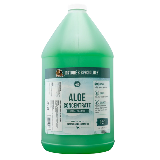Aloe concentrate herbal shampoo bottle, back label view, green and white, NATURE'S SPECIALTIES