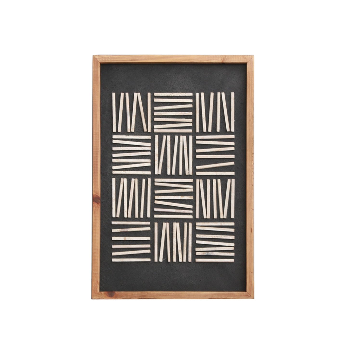 Rectangular framed wall art with dark panel and white geometric stripe design; wood frame