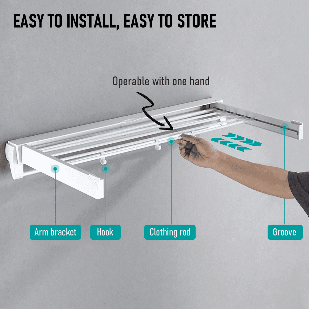 White wall-mounted drying rack installation view with arm brackets and grooved mounting points