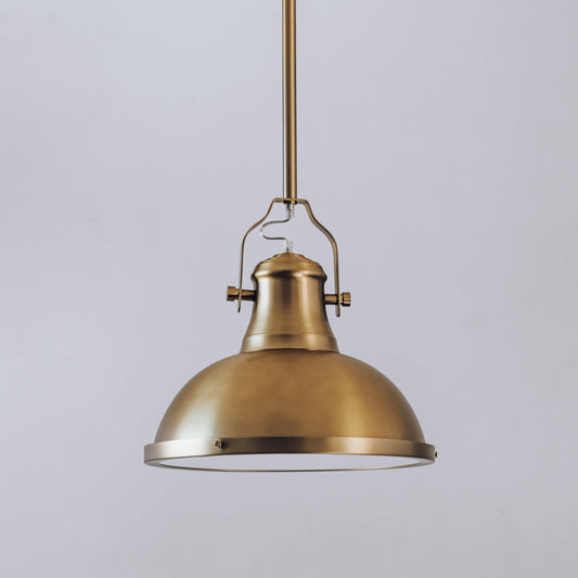 Gold metal pendant light with bell-shaped dome shade and mounting frame