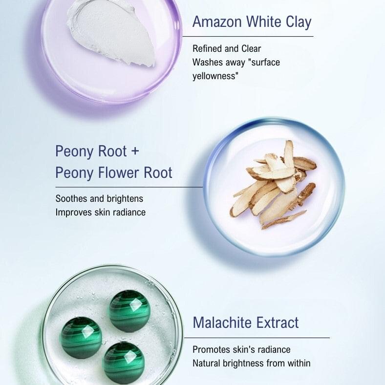 Skincare ingredient bowls: Amazon White Clay, peony root, and malachite extract