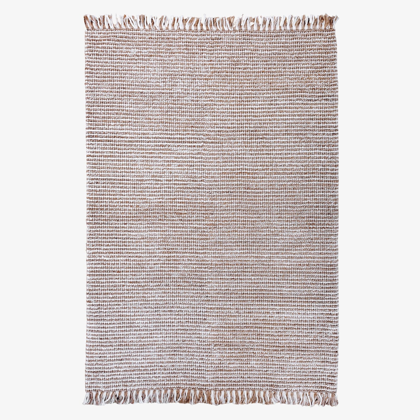 Amora handwoven floor rug, flat woven terracotta-and-natural stripes, fringed edges.
