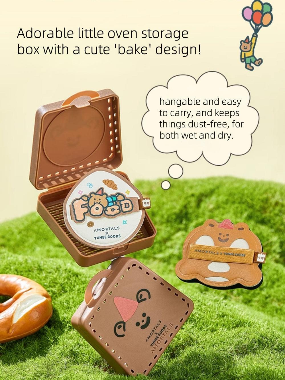 Croissant makeup sponge with cute face in a hangable oven-style storage box