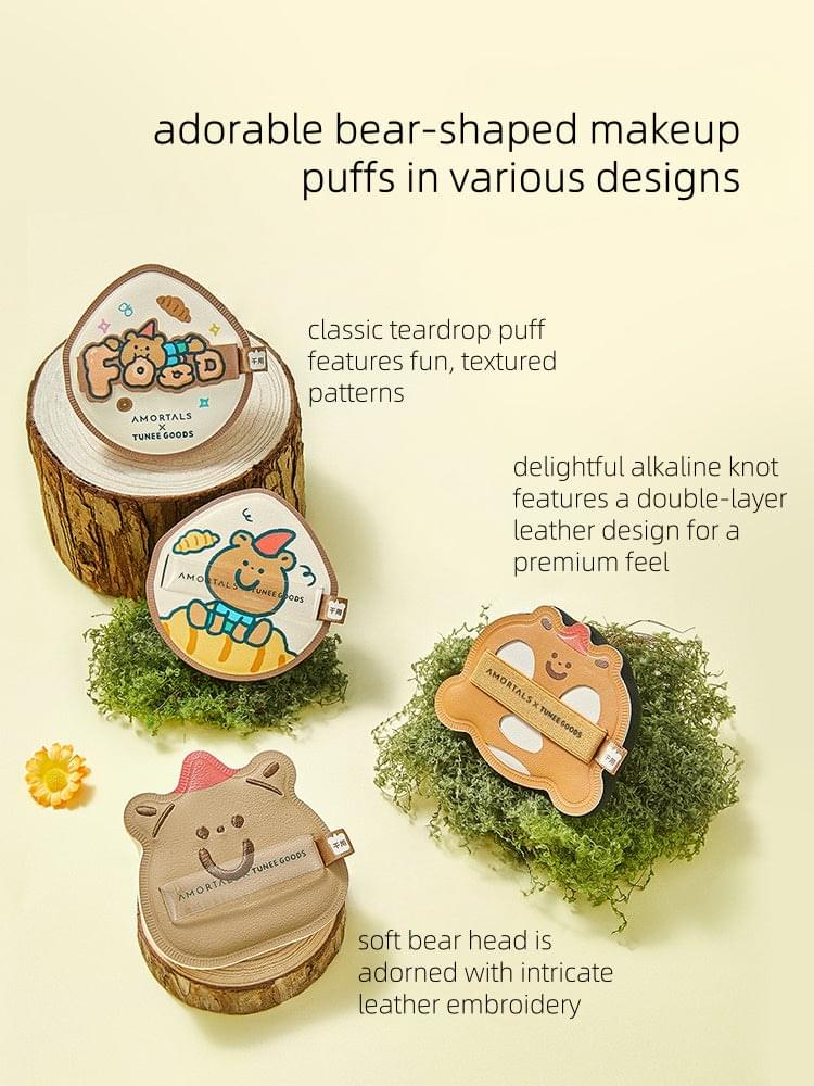 Bear-shaped makeup puffs in several styles with stitched faces and soft plush texture