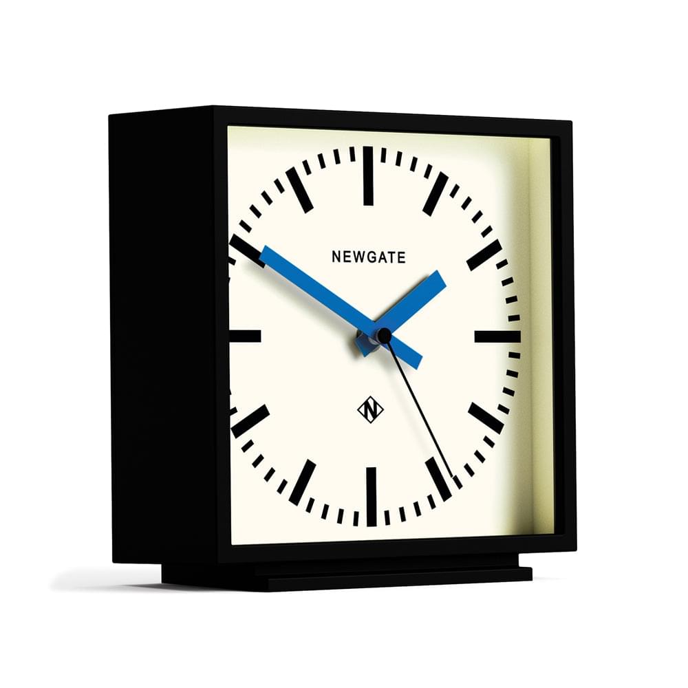 Black mantel clock with blue hands, square frame and white dial with markers