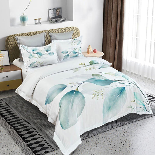 Super king quilt cover set, white with large blue-green eucalyptus leaf pattern