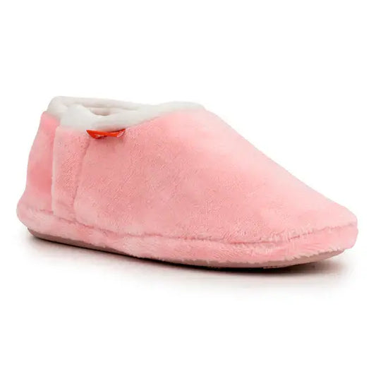 Pink closed-toe orthotic slipper with white cuff lining and soft plush upper.