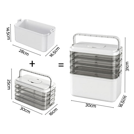 White plastic 5-tier storage box with detachable top, carry handle, and clear stacked drawers