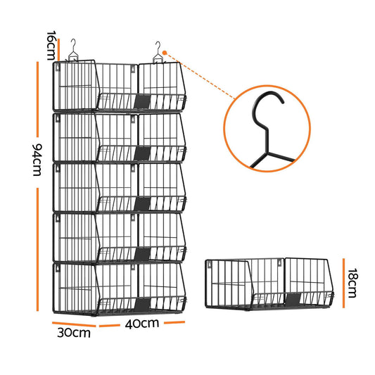5-tier hanging closet organizer shelf unit with black metal wire baskets and hooks