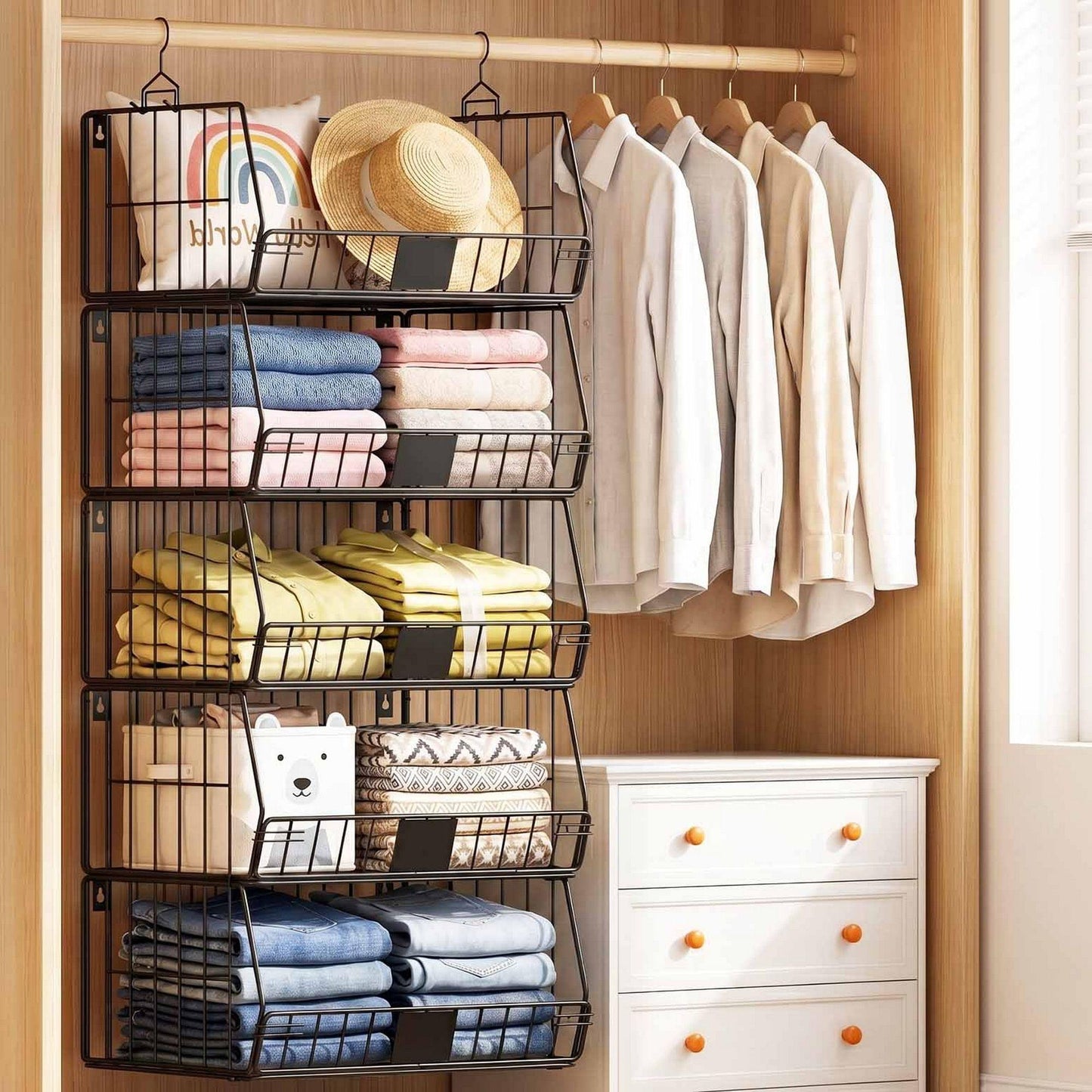Hanging closet organizer shelf with stacked wire baskets holding folded linens and accessories