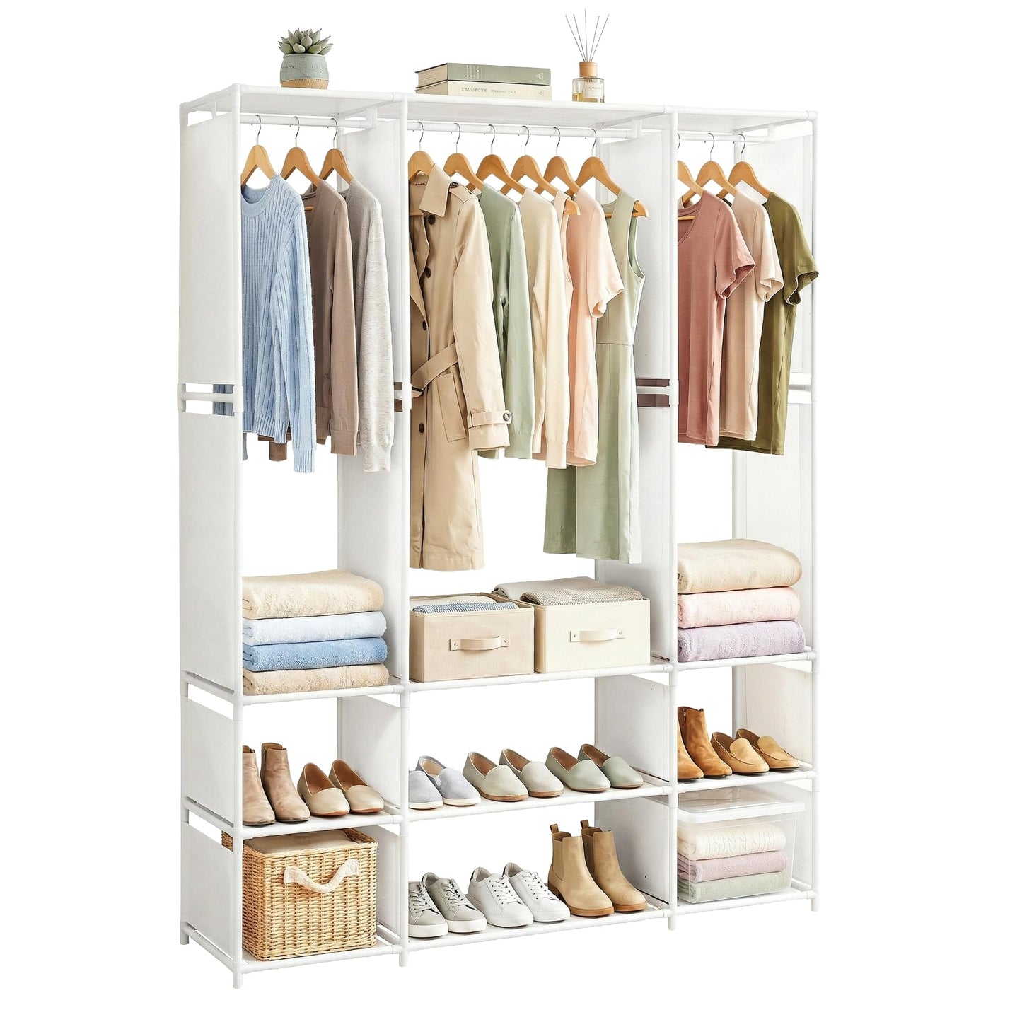 White portable clothes wardrobe with hanging rail, cubbies, and shoe storage