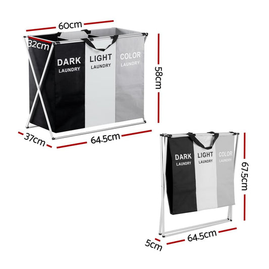 Foldable 3-section laundry hamper with three fabric bins and metal base frame