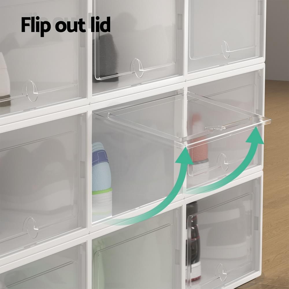 Shoe box rack with flip-out lid and clear-front compartments with contents