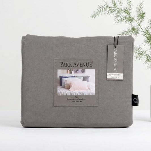 Grey flannelette kids sheet set folded with Park Avenue label and hanging tag