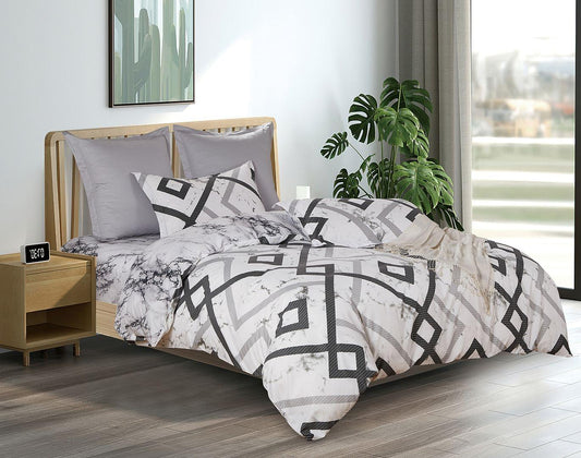 Queen quilt/duvet cover set on bed, white base with black square and line geometric print