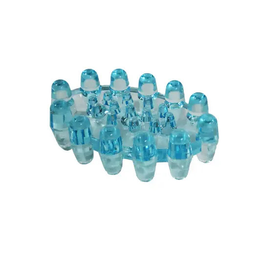 Transparent blue foot massager with raised gel nodes on a ridged base