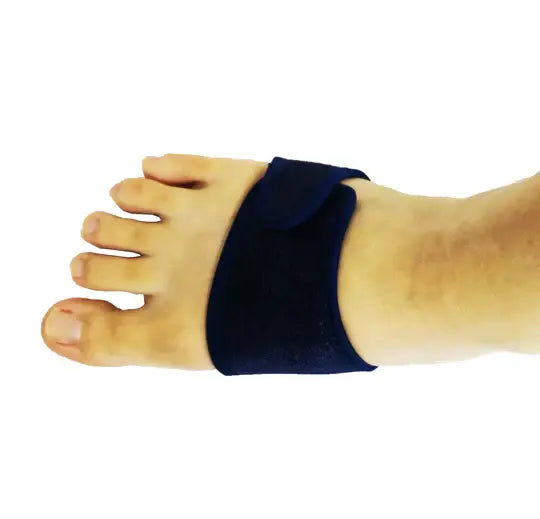 Arch support foot cushion with dark blue band, side view on foot