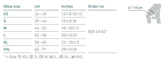 Knee brace size chart with size, cm, inches, and order number listings