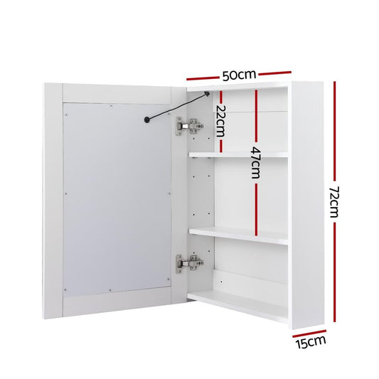 Opened mirror cabinet with 3-tier shelves, hinges, and interior compartments