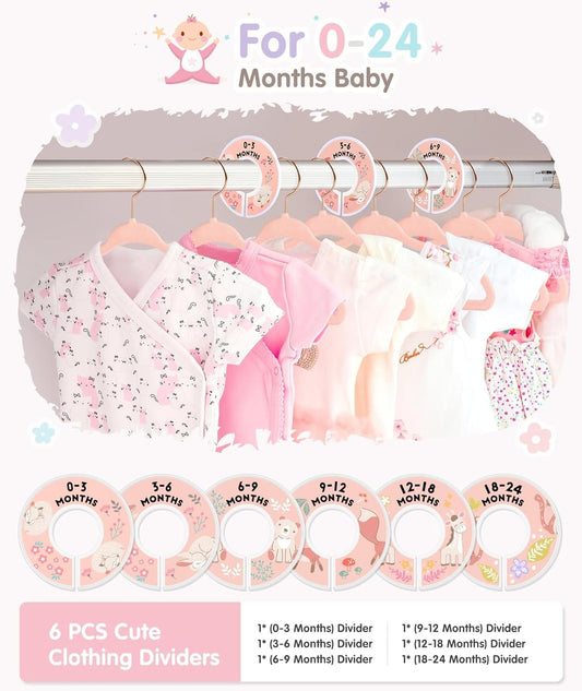 Pink and white baby clothing dividers with month size labels on hangers