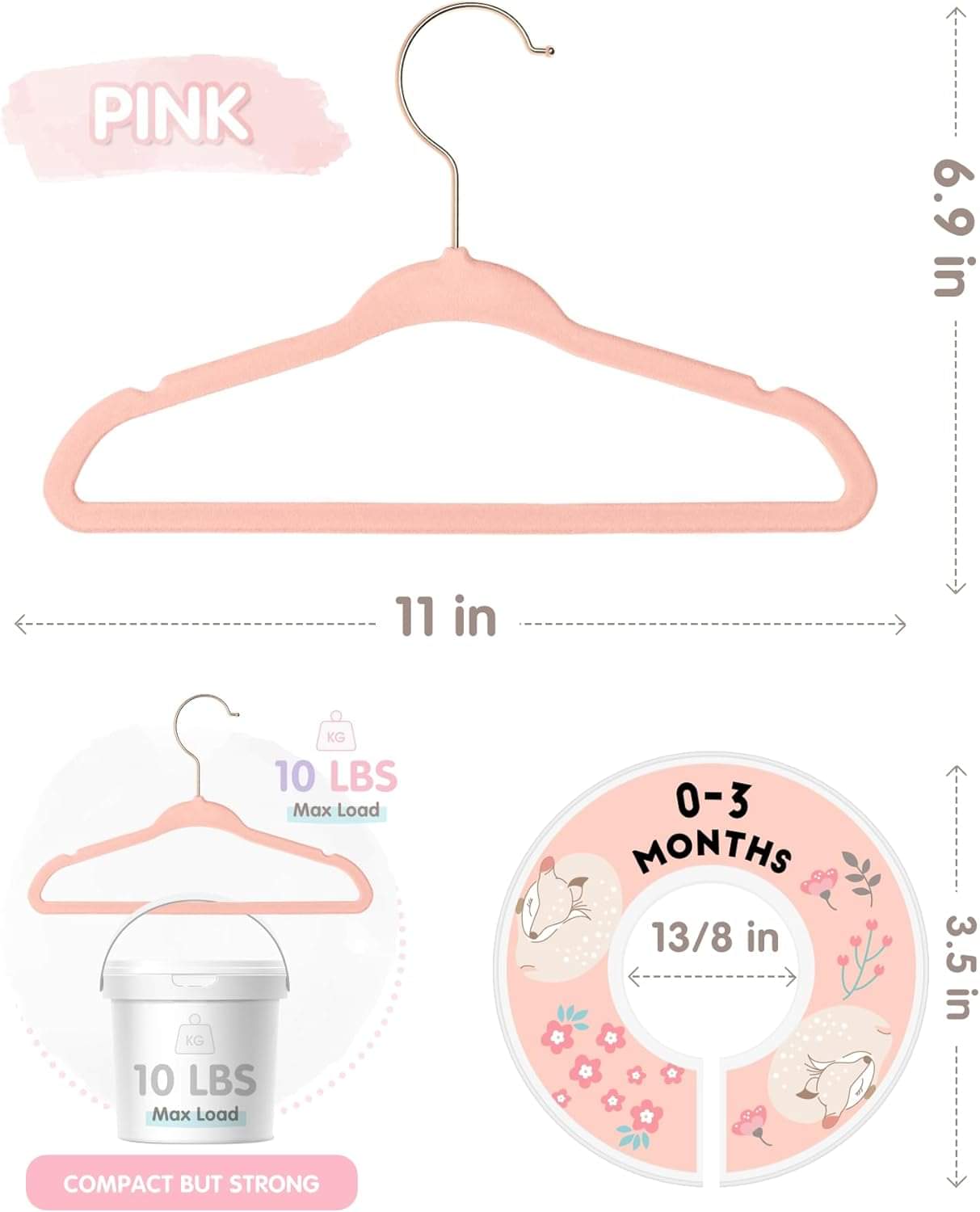 Pink baby clothes hanger, notched velvet non-slip, 11 in length