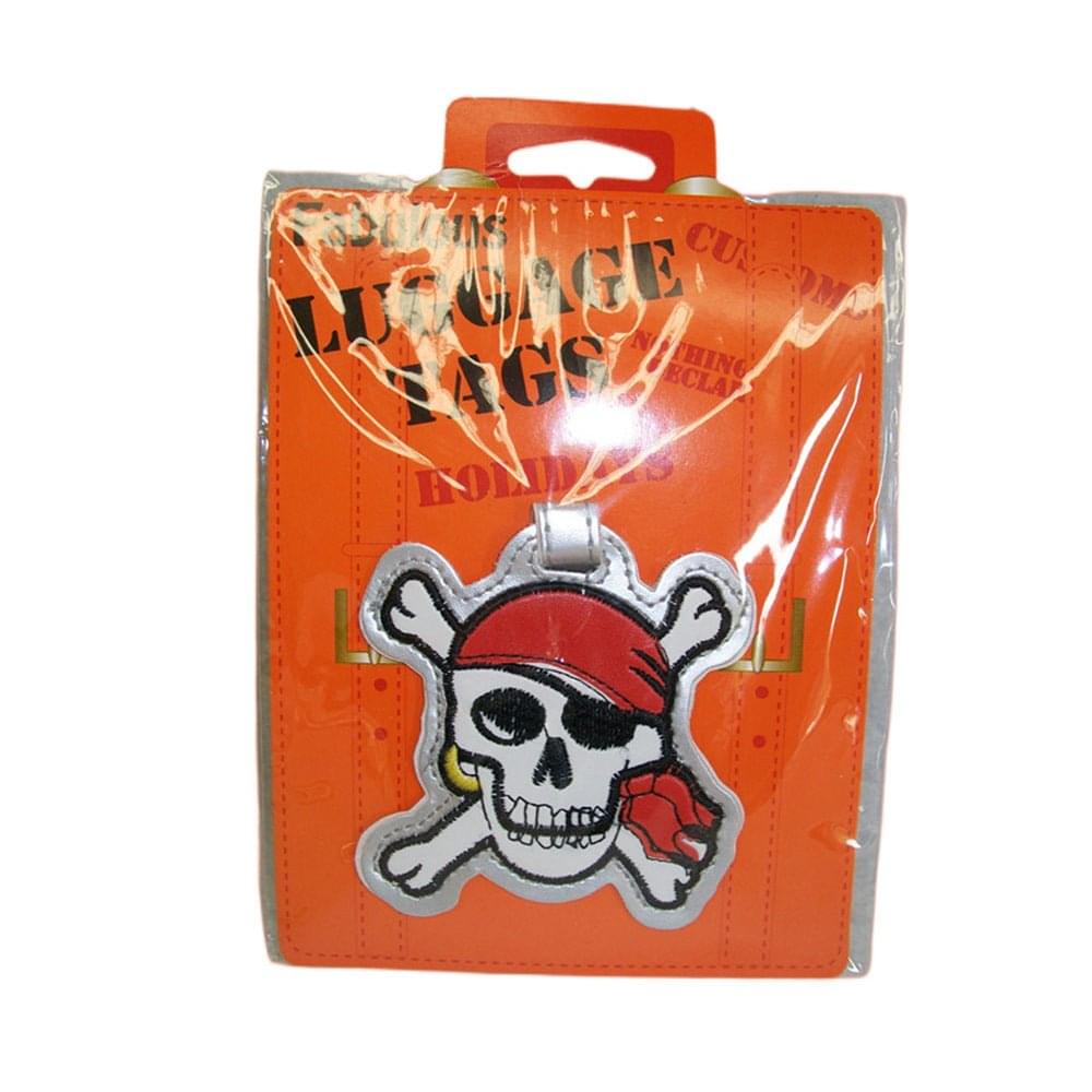 Orange luggage tag with skull pirate graphic patch and red bandana hat
