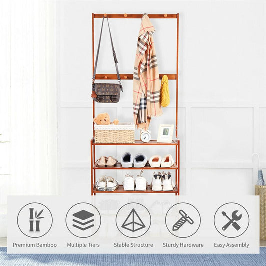 Bamboo 5-tier entryway rack with top hooks, hanging bar, and shoe shelves