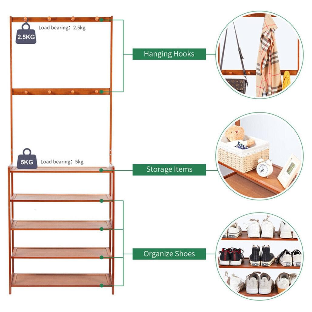Bamboo shoe rack layout diagram showing hanging hooks and tiered storage shelves
