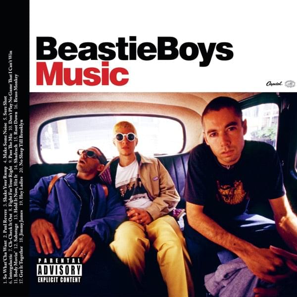 Vinyl album cover reading BeastieBoys Music with three band members portrait