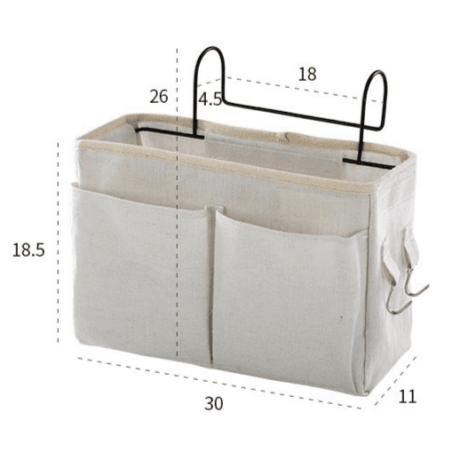 Linen hanging bed caddy with metal hooks and labeled size measurements