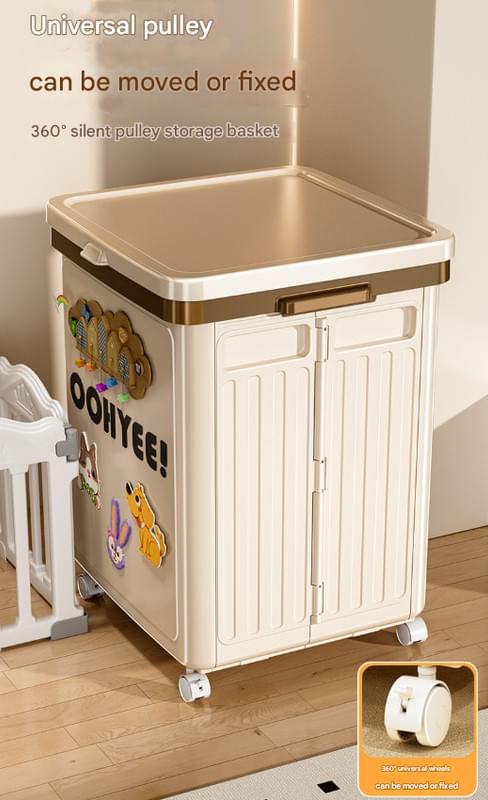 Beige collapsible storage bin with hinged lid and caster wheels, side cart design