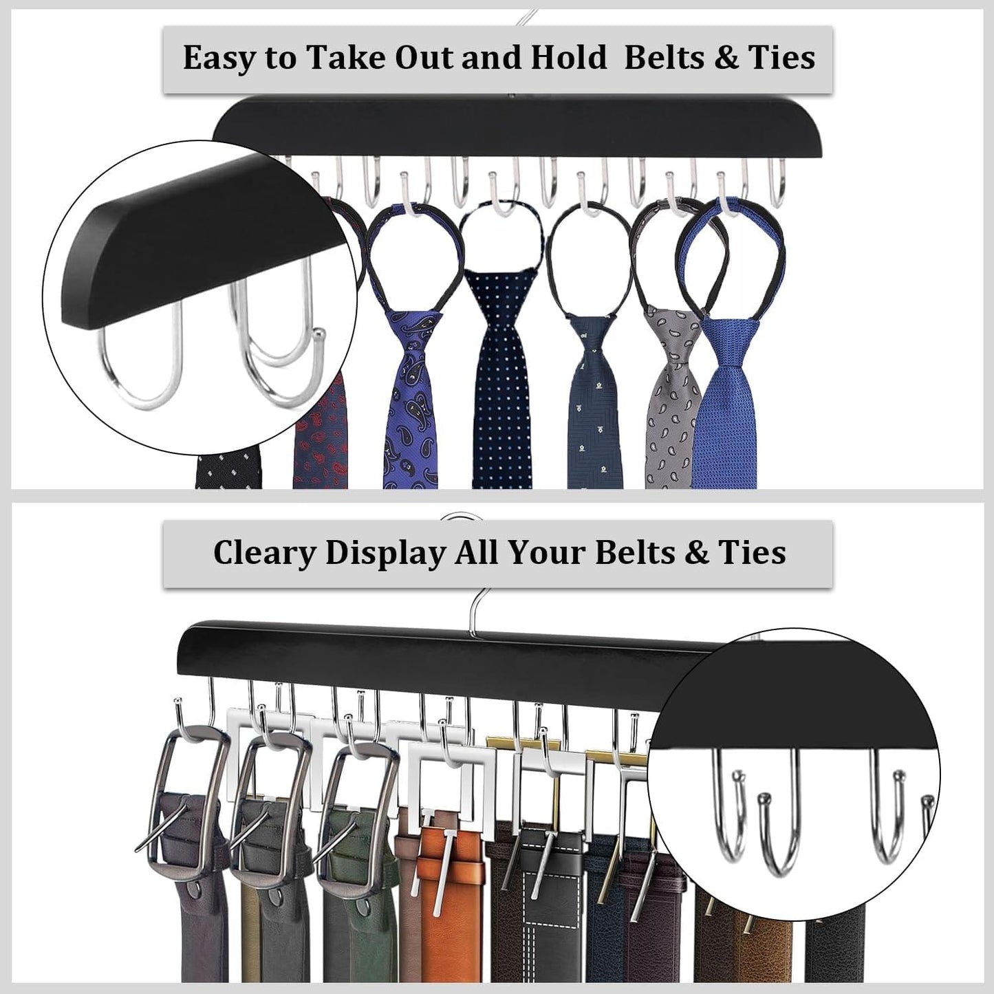 Black belt and tie organizer with metal hooks for neatly displaying ties and belts