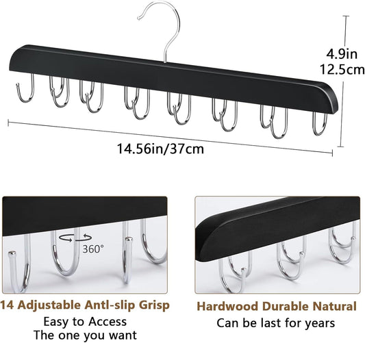Black belt hanger rack with 14 metal hooks and anti-slip grip bar