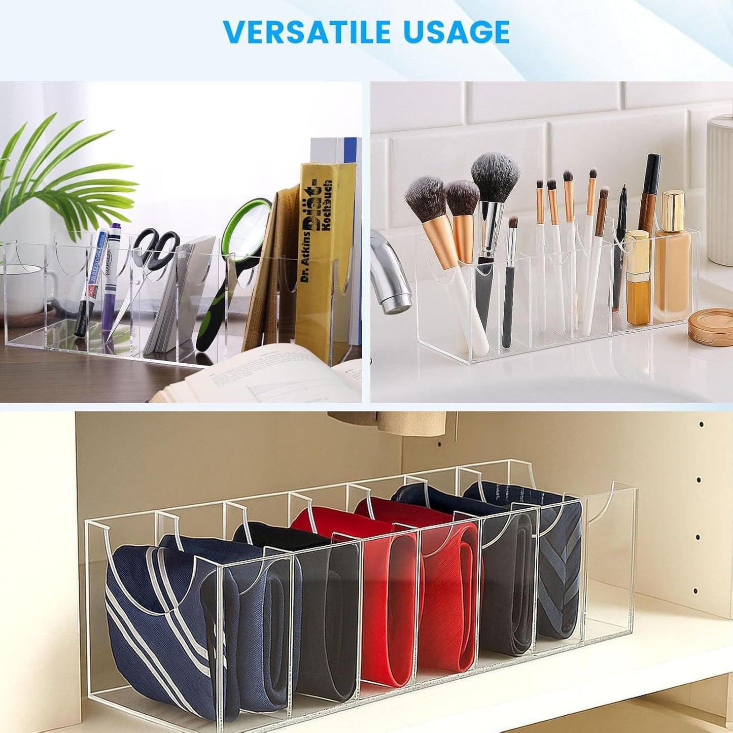 Clear multi-compartment organizer holding belts and ties on a closet shelf