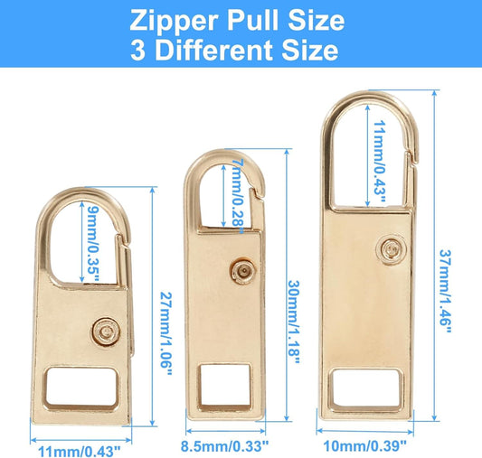 Gold metal zipper pull tab set with different sizes, ring handles