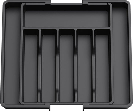 Black adjustable cutlery tray organizer with multiple vertical compartments