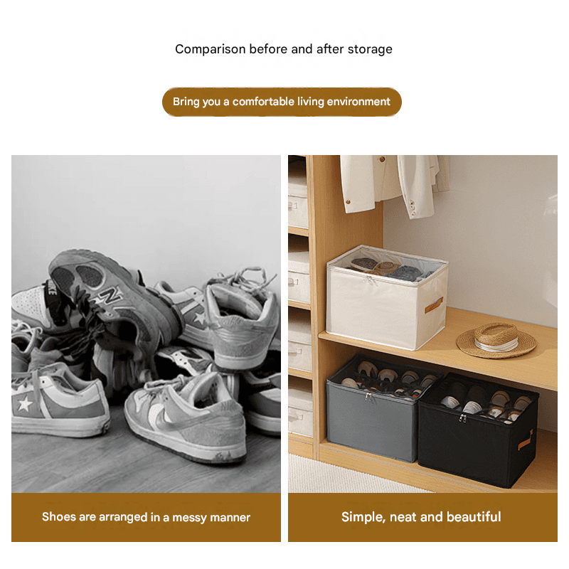 Fabric shoe storage box arrangement showing shoes neatly organized in compartments