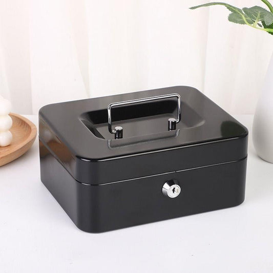Black lockable cash box with carrying handle and key lock on front