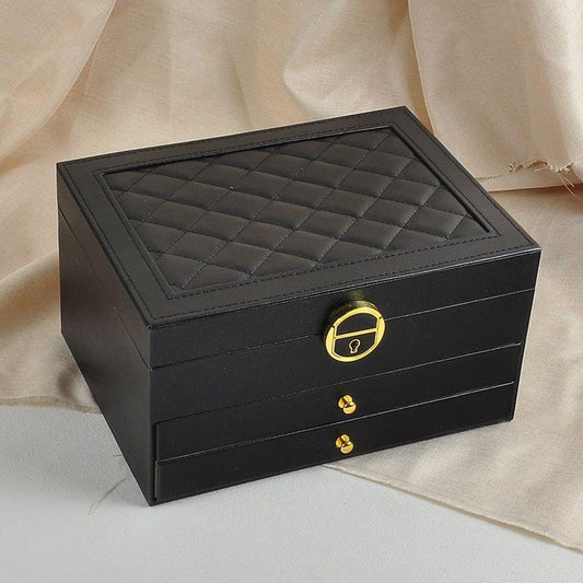 Lockable black PU leather jewelry box with quilted lid and keyhole lock