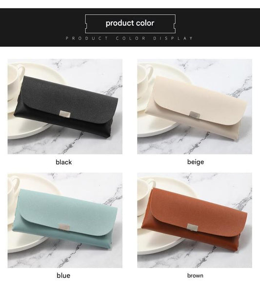 Slim PU leather eyeglass pouch set with snap flap, showing black, beige, blue, and brown