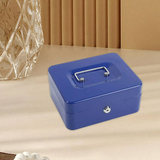 Blue lockable metal cash box with top handle and round key lock